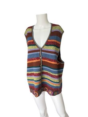 Vintage Koret City Blues Sweater Vest Stripes Granny Square Womens Plus Size 3XP